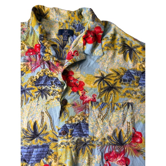 George Mens XL Tropical Flamingo Hibiscus Print Button Up Hawaiian Shirt - Picture 3 of 6